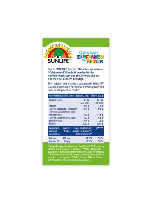 SUNLIFE® Kalcium elefánt szopogatótabletta gyerekeknek 60 db - csokoládé ízű